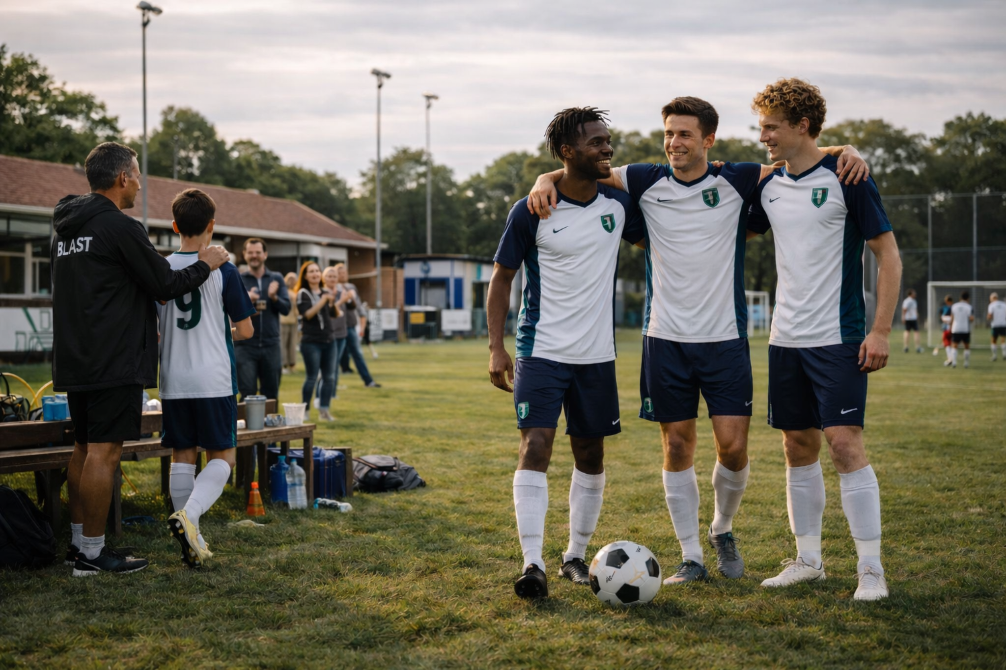 Amateur football team celebrating together